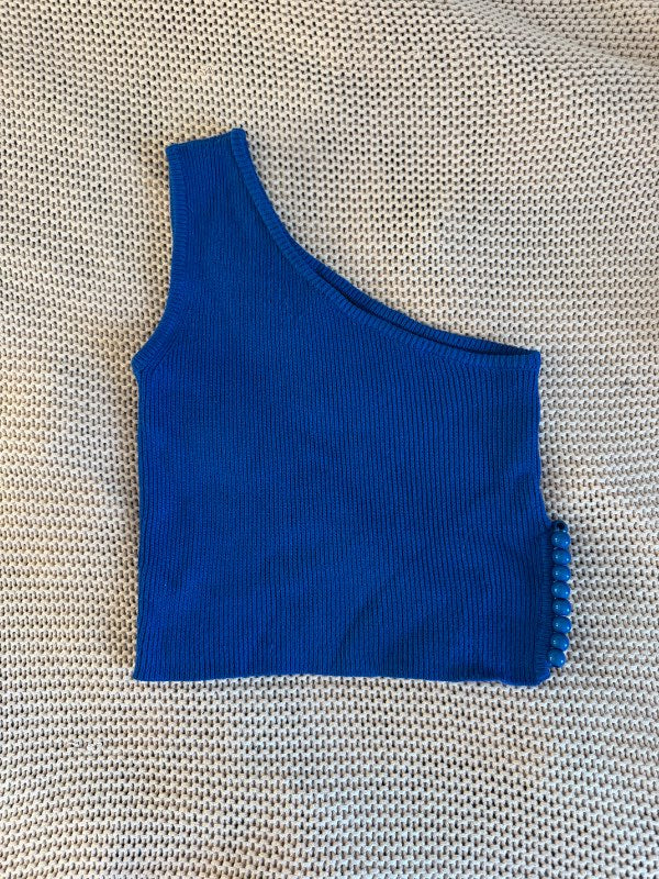One shoulder blár toppur