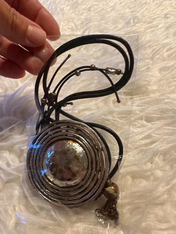 Long necklace large disc/shield and stones strap