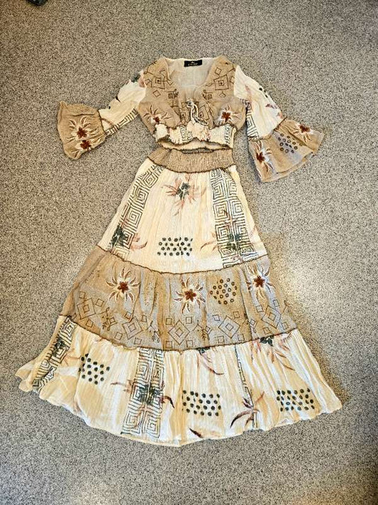 Skirt set beige með blómum Papa Pia ónotað