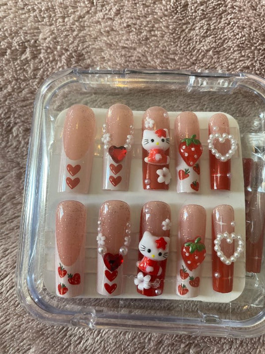 Glimmer/rauðar press on nails Hello Kitty