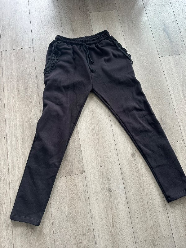 Þykkar svartar buxur blúndu vösum L