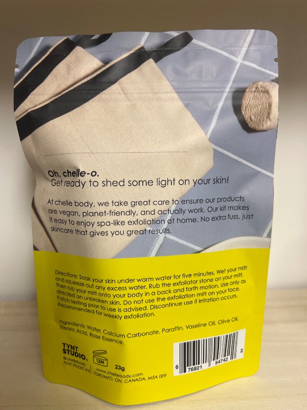 Chelle skrúbb kit. Hanski og steinn.